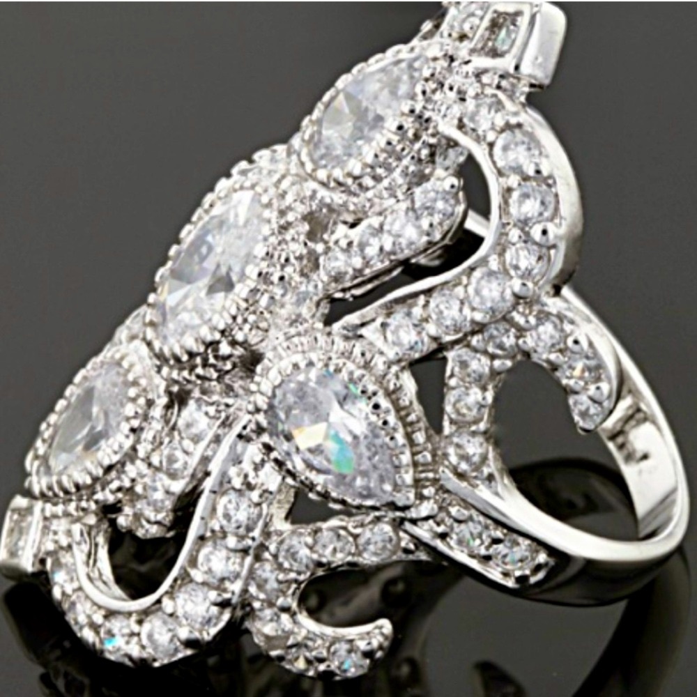 3.8 Carat DEW CZ Cocktail Statement Ring 925 Sterling Silver Rhodium Plated - Picture 5 of 8